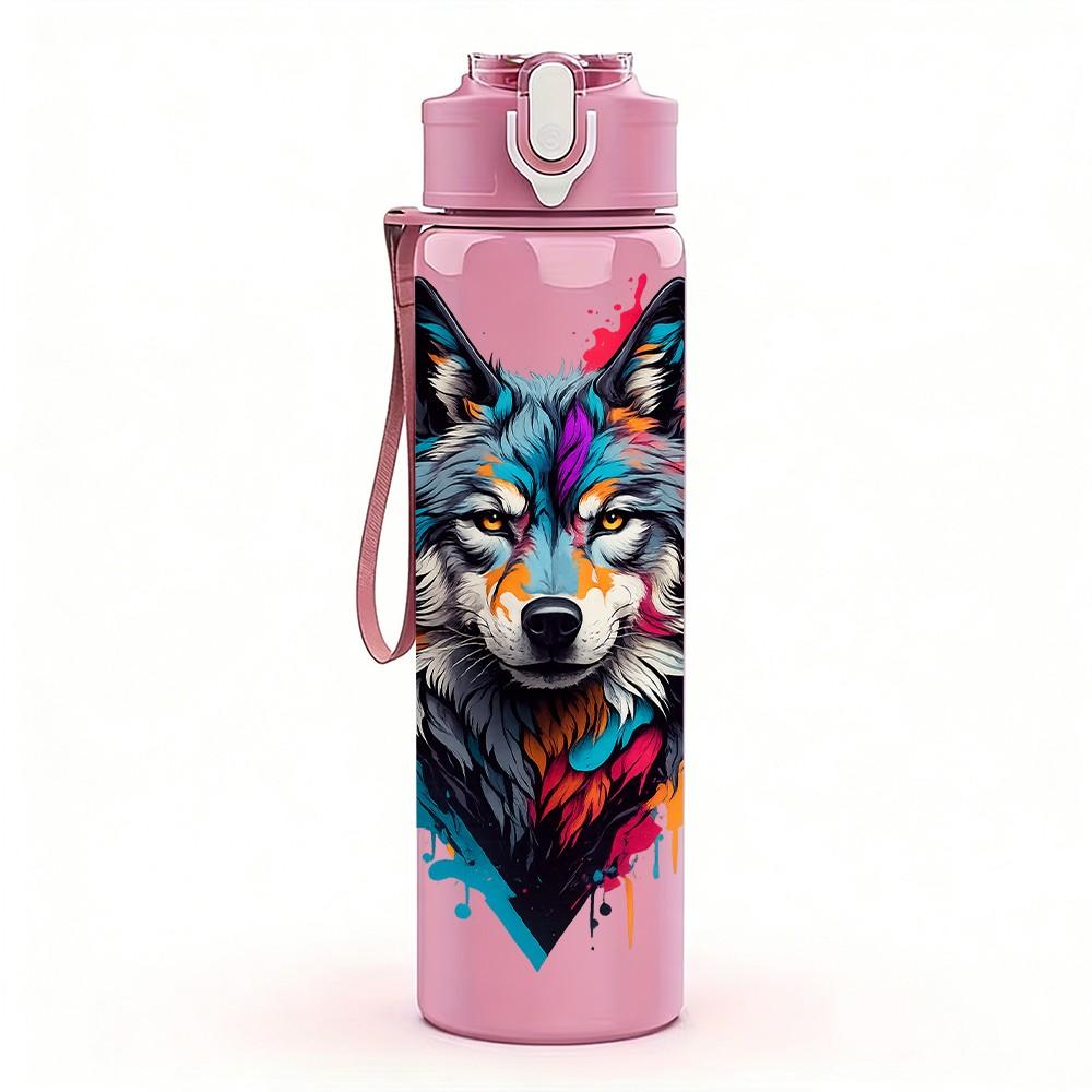 1PC Colorful Wolf Beast Animal Pattern 750ml Color Plastic Sports Water Bottle Leakproof Flip Straw Lid Suitable for Sports Office Home Use
