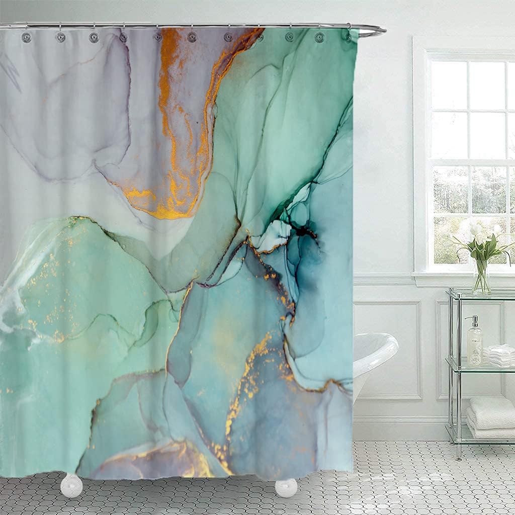 

1 Piece Bathroom Decor Set, Marble Green Shower Curtain With Hooks, Watercolor And Abstract Ink Blue And Green W60H190(CM)-1 Pcs