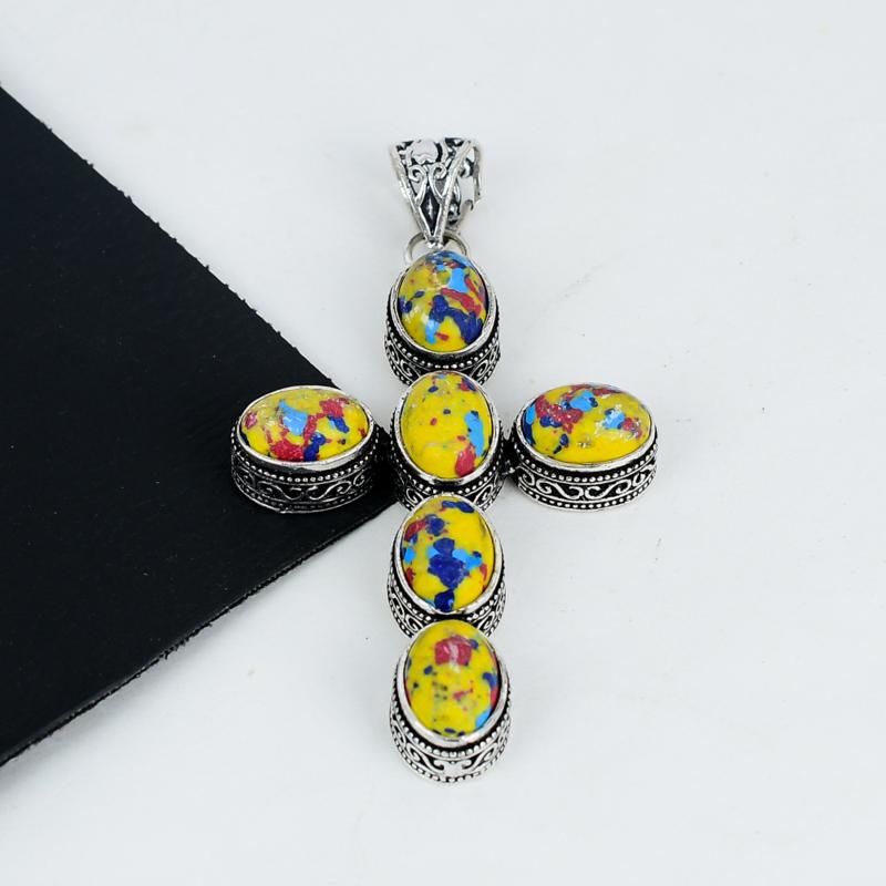 Mosaic Jasper Gemstone Pendant 925 Sterling Silver- Handmade Cross Design, Everyday Wear Jewelry, Unique Mosaic Jasper Pendant Father's Day Gifts