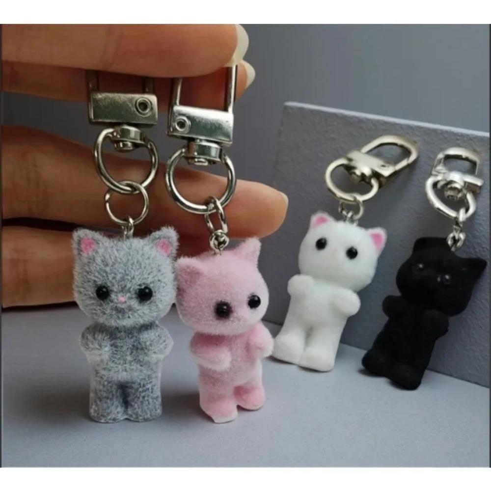 Cute 3D Flocking Kitten Keychain Simulation Animal Hobby Cartoon Doll Girl Keyring Car Bag Purse Phones Pendant Key Ring Gift
