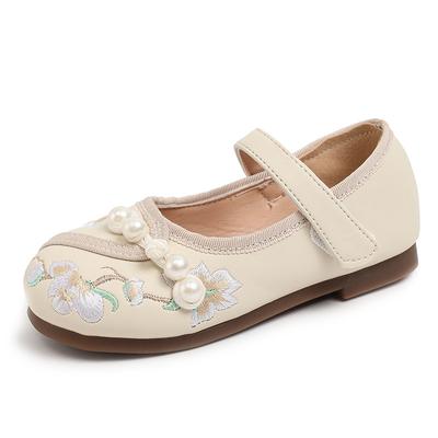 Kids Chinese Style Floral Embroidery Pearl Mary Jane Shoes Soft Sole Casual Flat Shoes For Girls