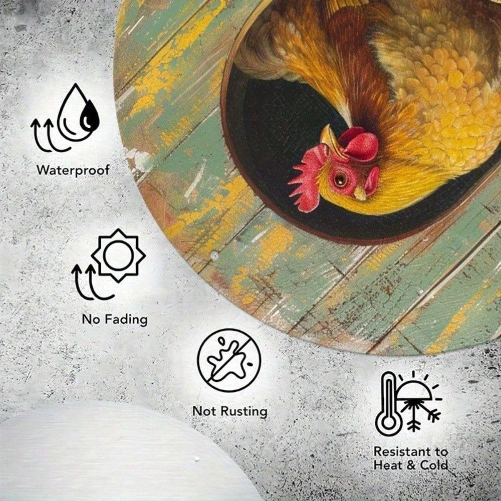 Vintage 8x8 Inch Round Tin Sign Chicken Wreath Wall Art Farmhouse Home Decor