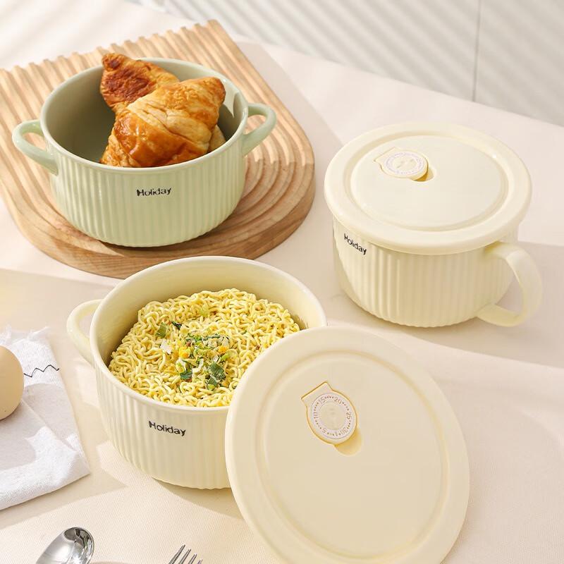 Fumede Легкая роскошь Корейский стиль Полосатая эмалированная миска для лапши с крышкой