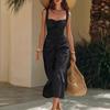 Women's Summer Fashion Color Sexy Holiday Strap Sleeveless Folded Medium Length Dress