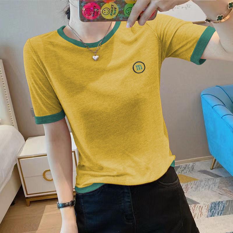 

Топ из хлопкового слюба с коротким рукавом, летний, большого размера, женский, с вышивкой, свободный, контрастный, универсальная футболка 4XL жёлтый