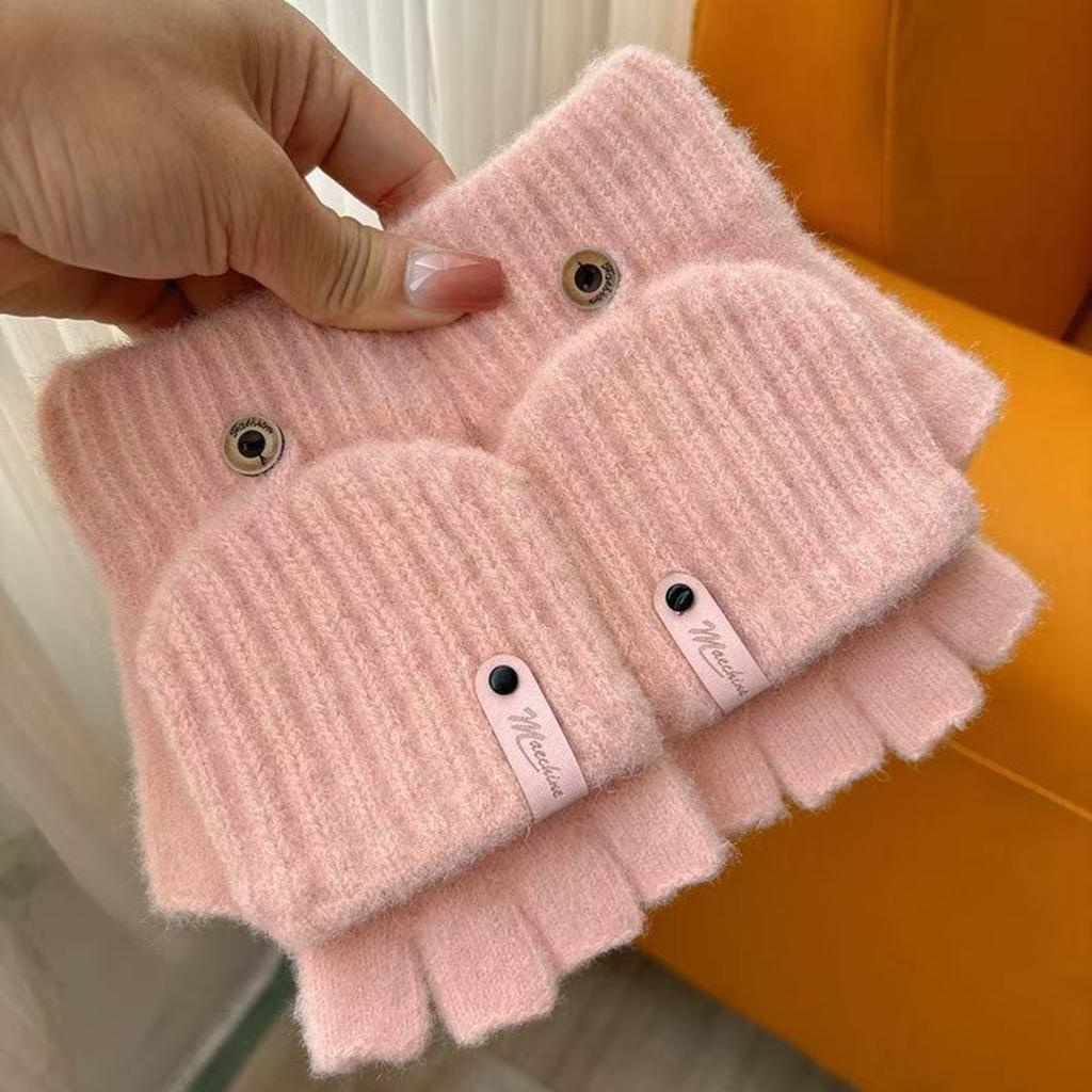Winter Thick Half Finger Flip Gloves for Cute Women, Warm Cycling in Winter, Knitted for Students To Write and Type On