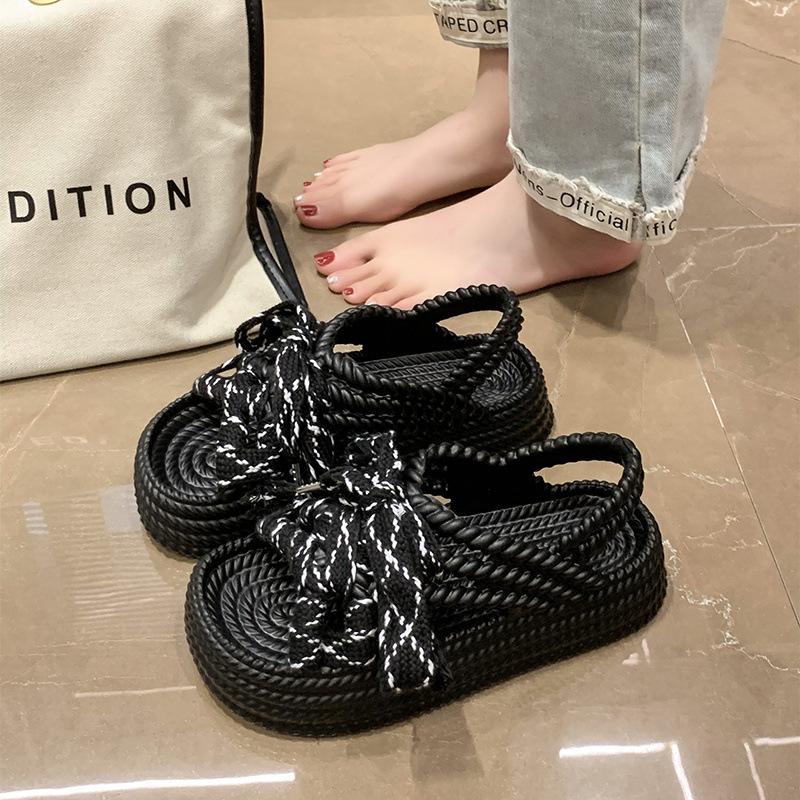 

Women Platform Sandals 2025 New Summer Outdoor Casual Lace-up Weave Roman Flat Shoes Fashion Comfortable Soft Bottom Beach Muje 39-40