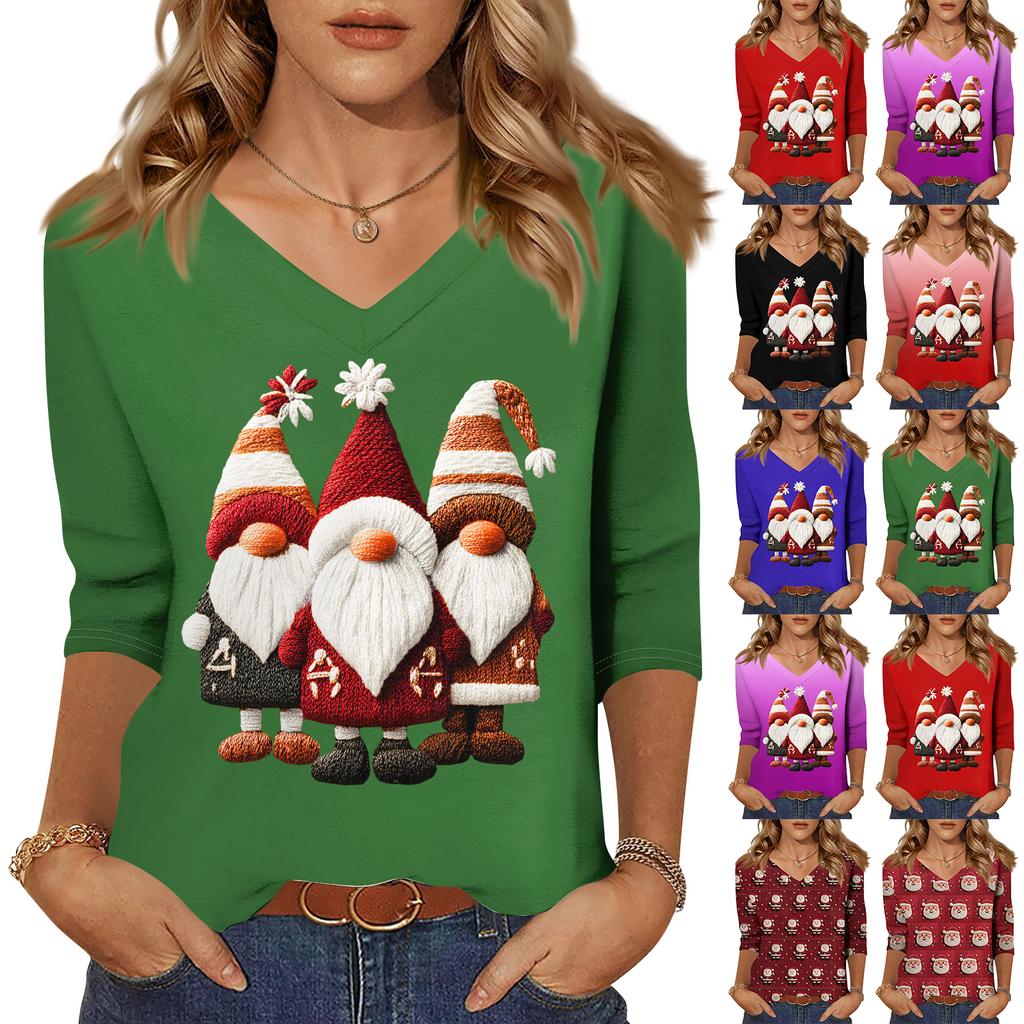 3/4 Sleeve Shirts For Women Print Christmas Tees Blouses Casual Plus Size Basic Tops Pullover