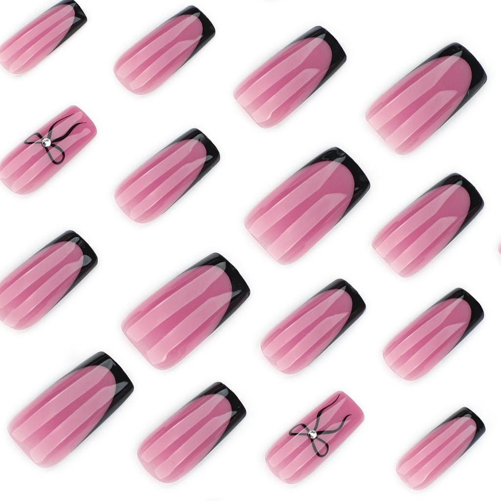 Black French False Nails With Bowknot Design 24 Pieces Resin Comfortable Fit For Women