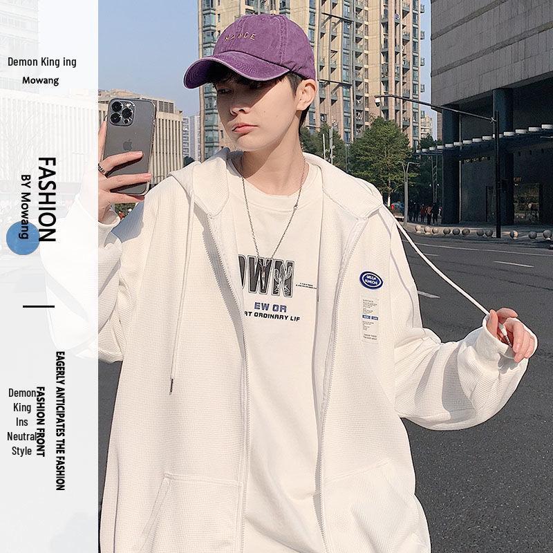 Men's Trendy Hooded Waffle-Weave Zip-Up Cardigan Sweatshirt for Spring/Autumn Hong Kong Style