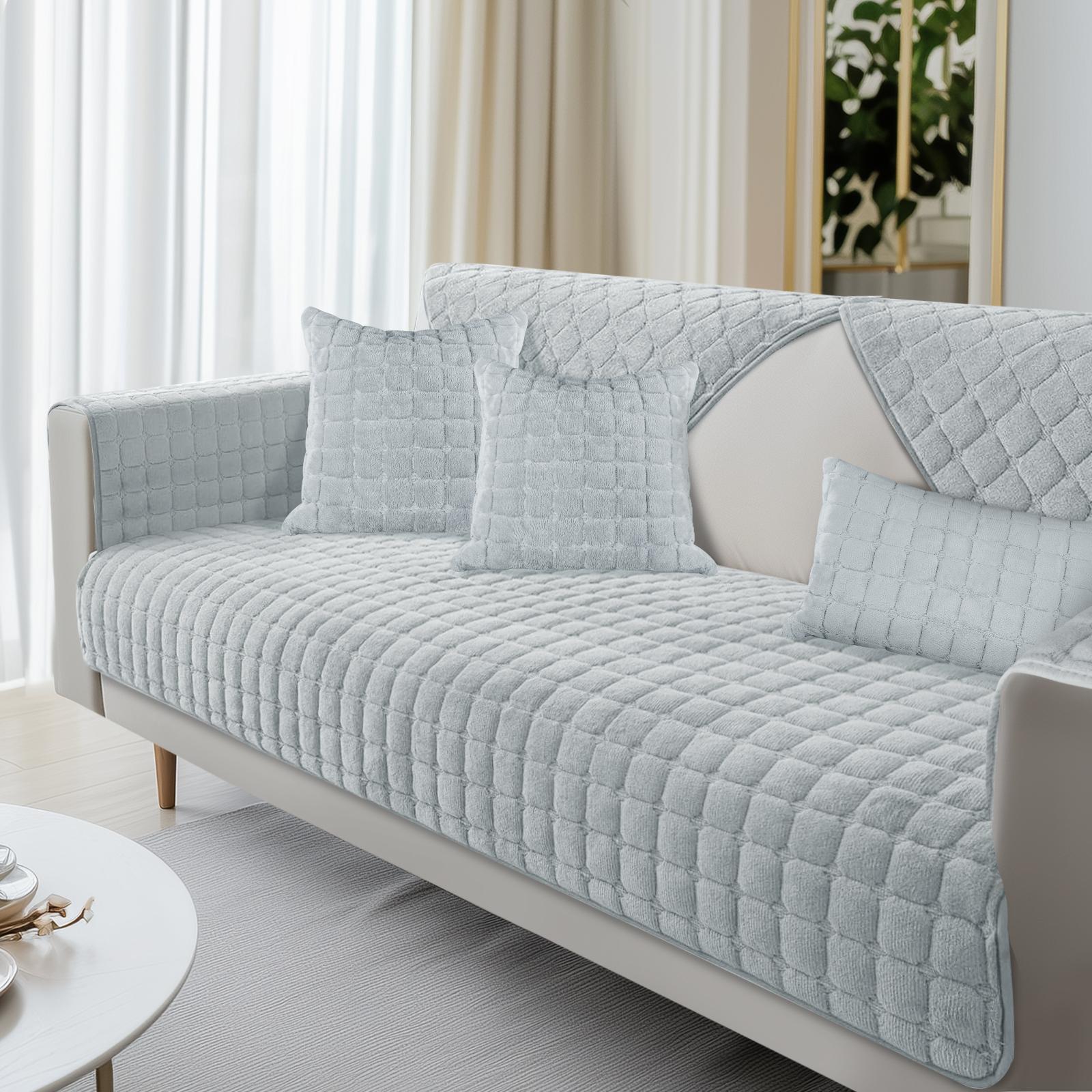 

Flannel Quilted Sofa Towel Solid Soft Thicken Plush Plaid Sofa Cover Anti-slip Couch Covers for Living Room Furniture Protector 70x70CM 1PC серый