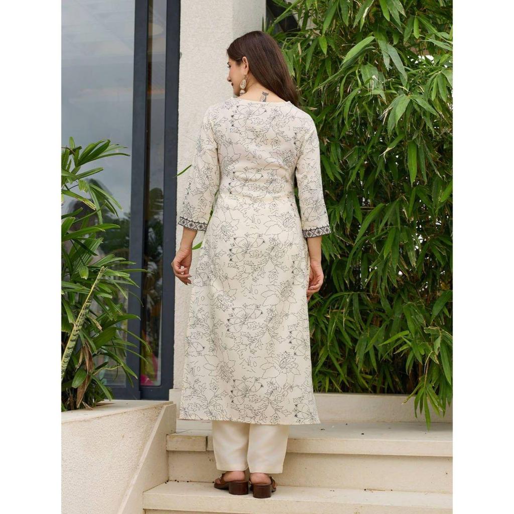 Women's Rayon Embroidered and Printed Straight Kurta with Pant And Dupatta Sets