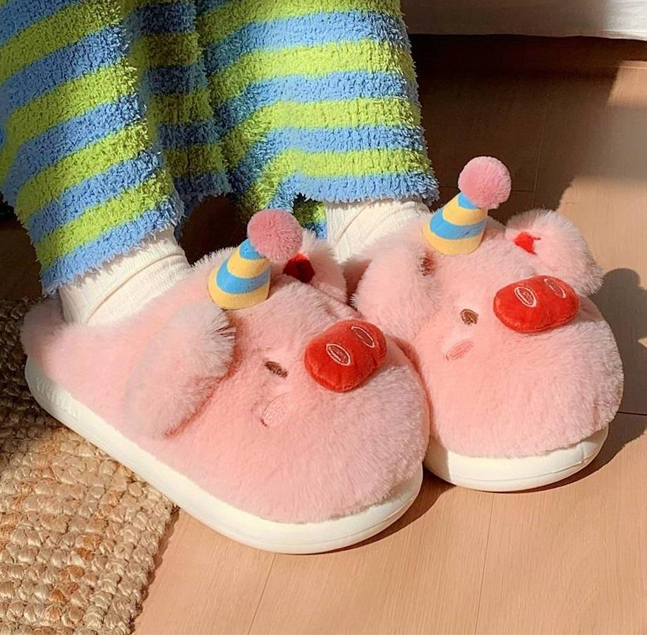 Fashion Fluffy Pink Piggy Slippers for Women Winter Indoor Anti-Skid Home Slippers Warm Ladies Room Shoes House Slides