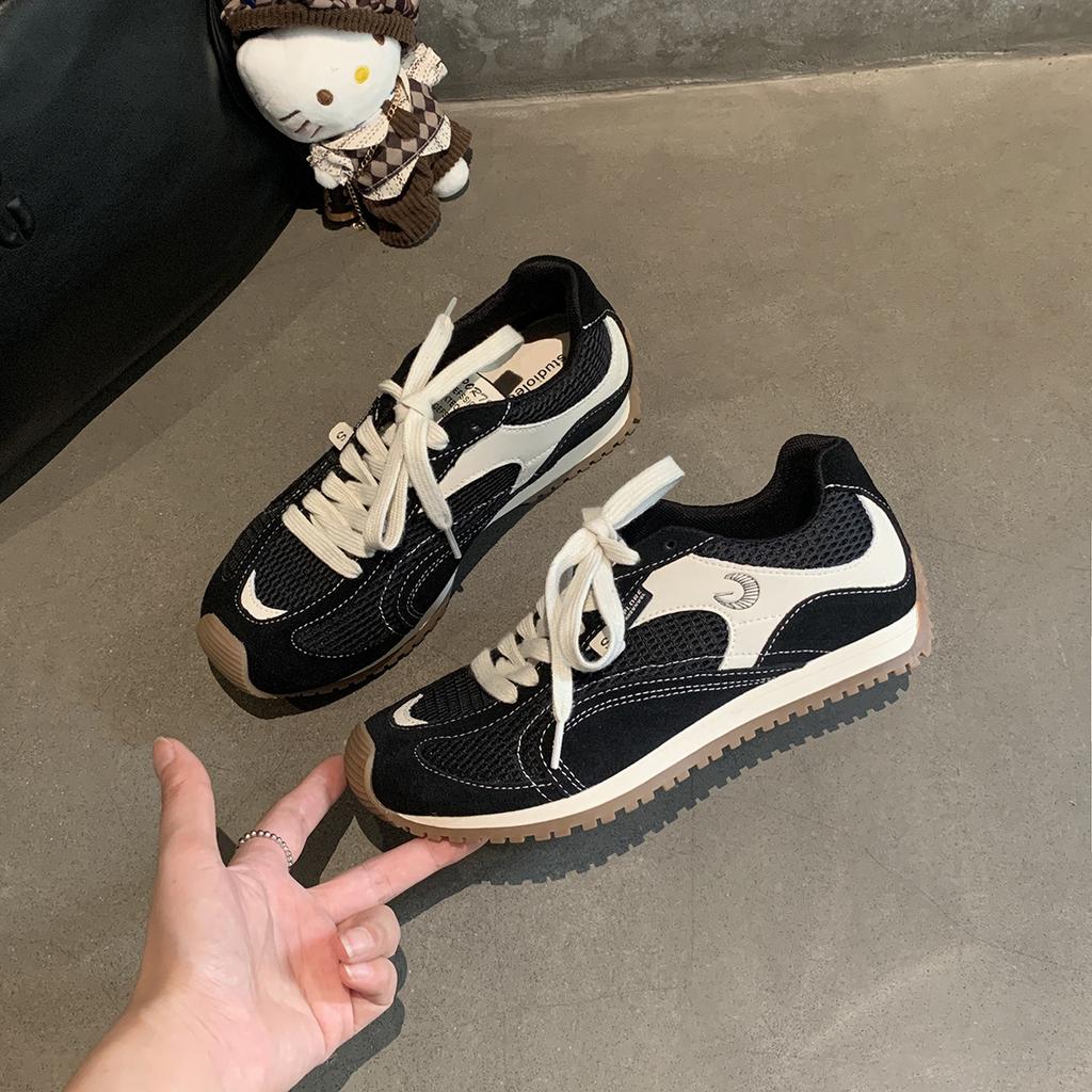 Cowhide version of grape mother, the same fashionable crooked head mesh lace-up inner height increase versatile moral training casual board shoes wom