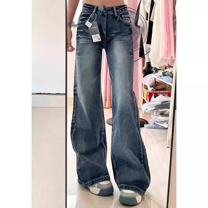 

Женские джинсы с высокой талией и широкими штанинами на осень 2024 года: Новый нишевый дизайн, свободный крой, стройнящие длинные брюки 2XL