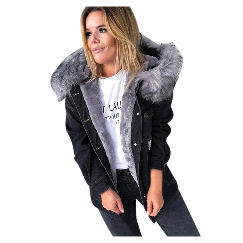 Manteau uni en denim à manches longues pour femmes avec un col bordé de fourrure