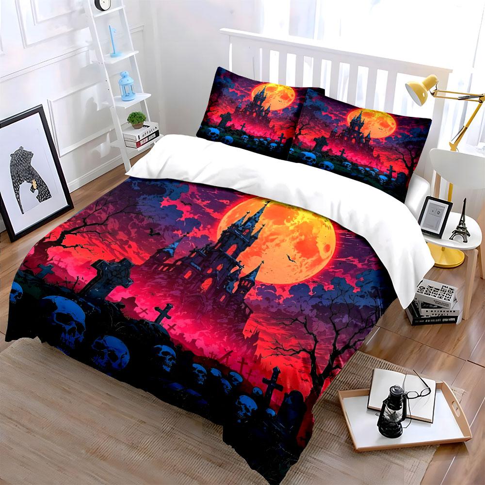Haunted Castle And Graveyard Scene Exquisite Three-Piece Bedding Set Gift For Kids And Adults