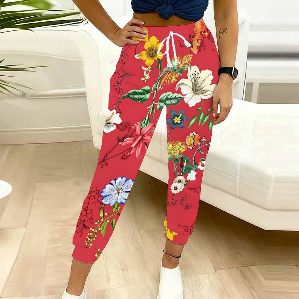 Summer Ladies Fresh Watercolor Printed Sweatpants Loose Fit Drawstring Joggers Elastic Cuff Daily Casual Pants