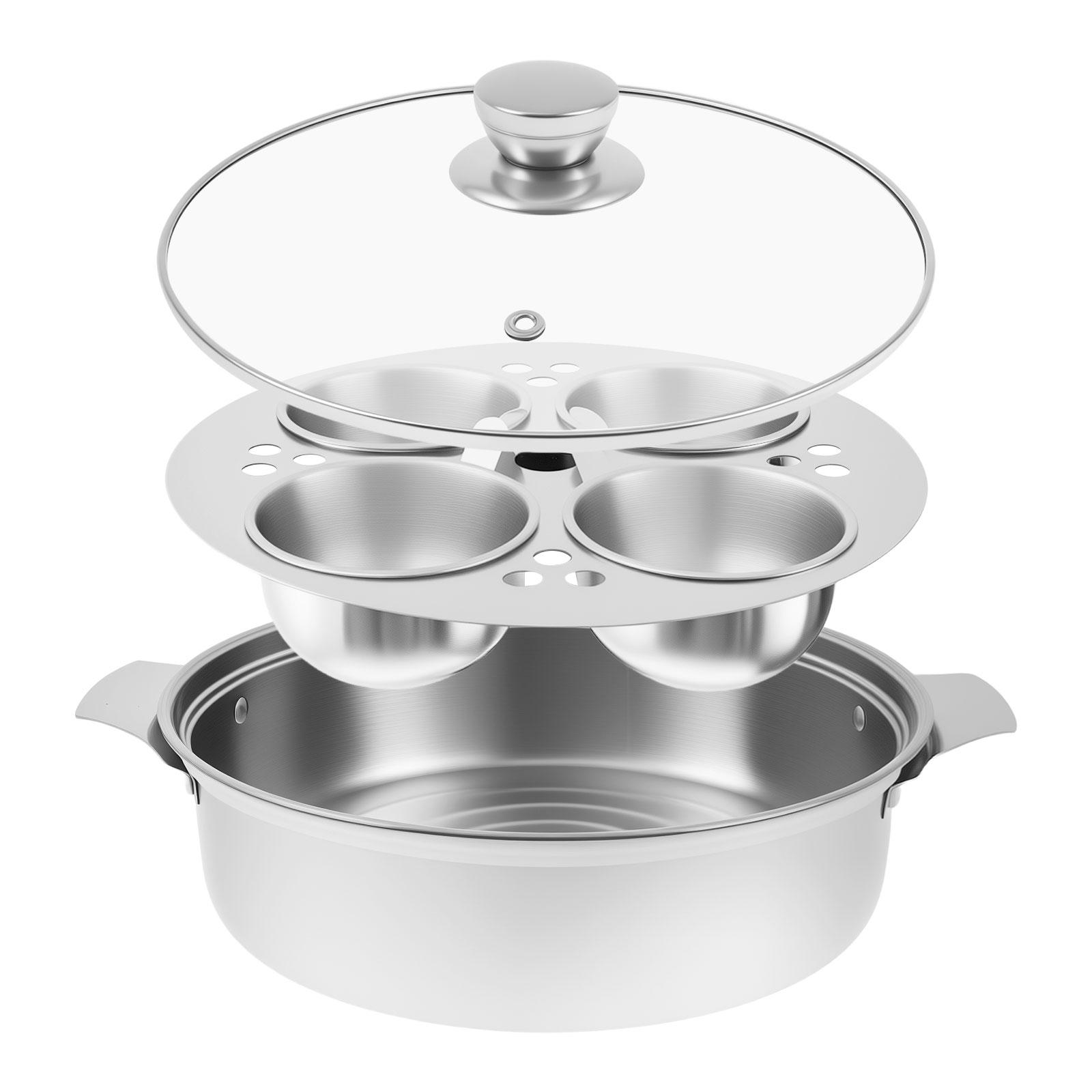 

Stainless Steel Egg Poacher Versatile Steamed Stew Pots Egg Boiled Pot with 4 Cup and Glass Lids for Cooking Kitchen Accessories