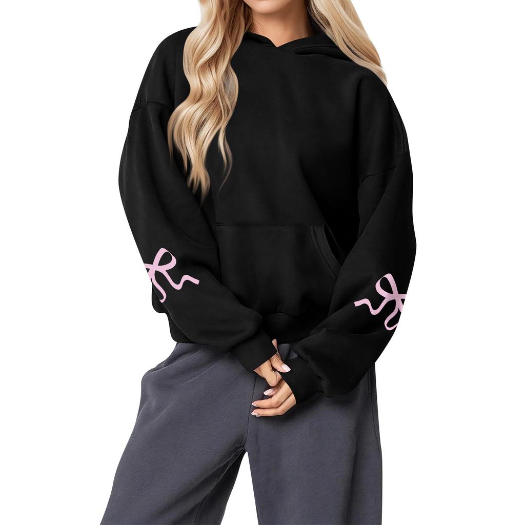 Damenmode Damen Leichter Langarmpullover mit Taschen Preppy Graphic Hoodie