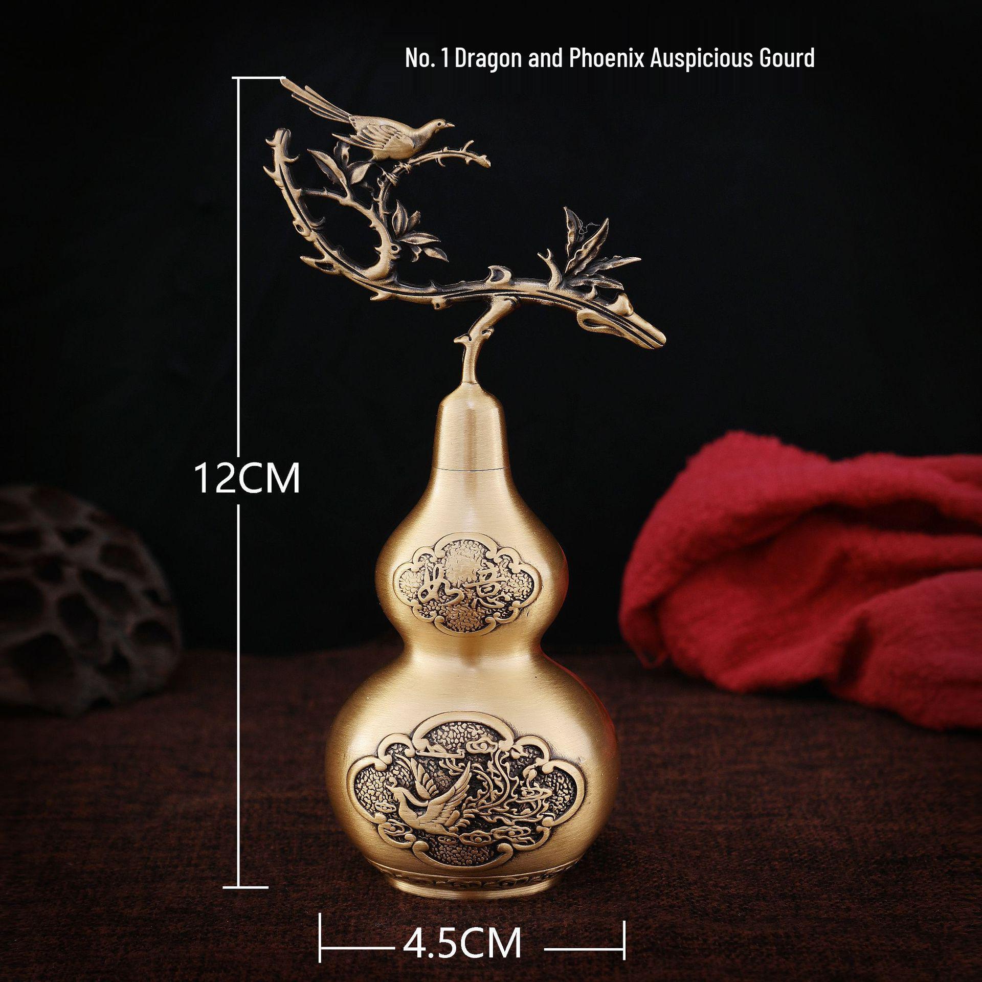 Dragon Phoenix Brass Gourd Ornament: Auspicious Copper Décor for Desktop