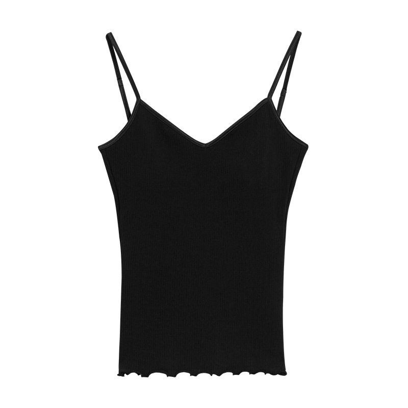 

2025 Spring/Summer V-Neck Ribbed Ruffle Trim Slim-Fit Backless Camisole with Chest Pads Integrated Beautiful Back Design for Women Deep Black M