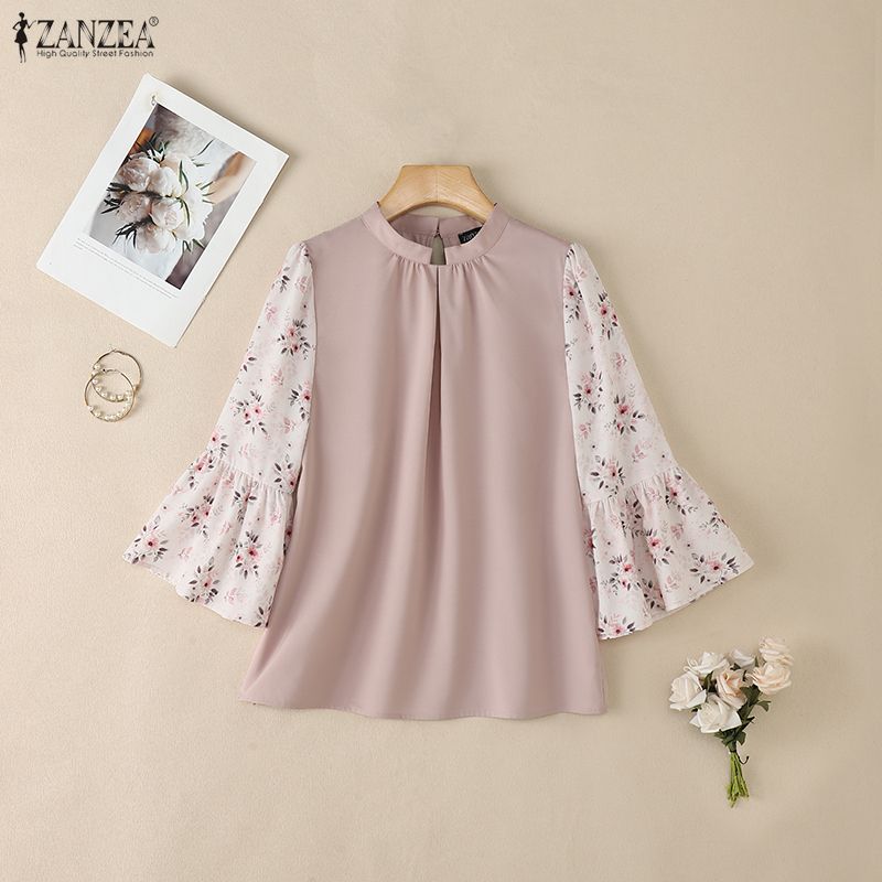 ZANZEA Women Casual Floral Print Splice 3/4 Sleeve Loose Blouse