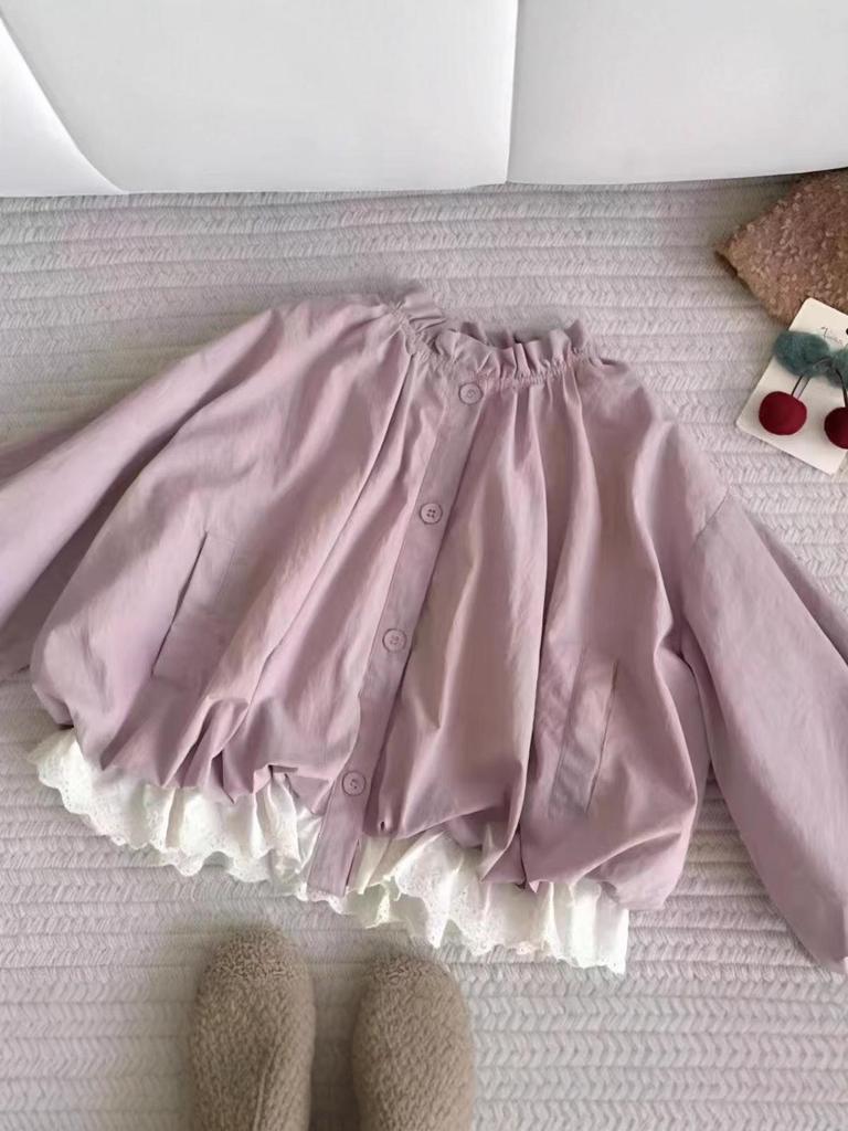 Girls' Korean Lantern Sleeve Bud Coat - 2025 Spring/Fall Children's Fashion Short Mori Style Windbreaker