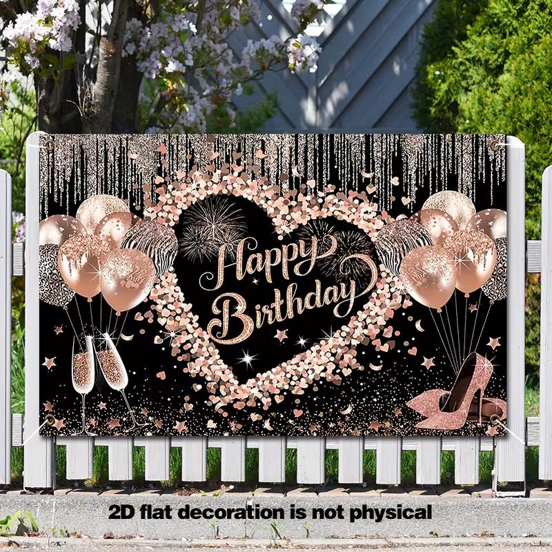 2D Printing Rose Gold Glitter Backdrop, Black Happy Birthday Party Decoration Background