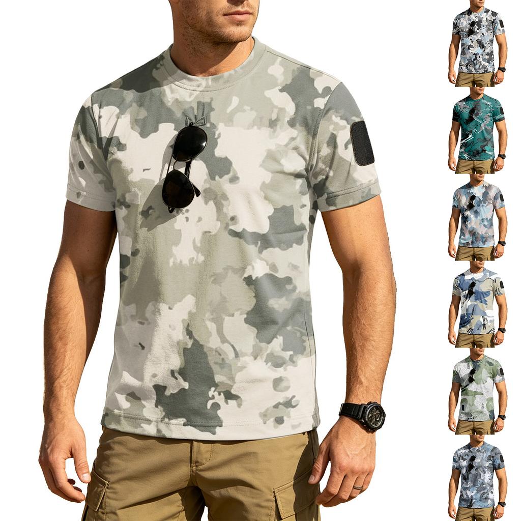 Men's Tactical Outdoor Quick Dry T Shirt Loose Fit Breathable Crew Neck Camouflage Print with Hook and Loop Patch Area for Sleeve