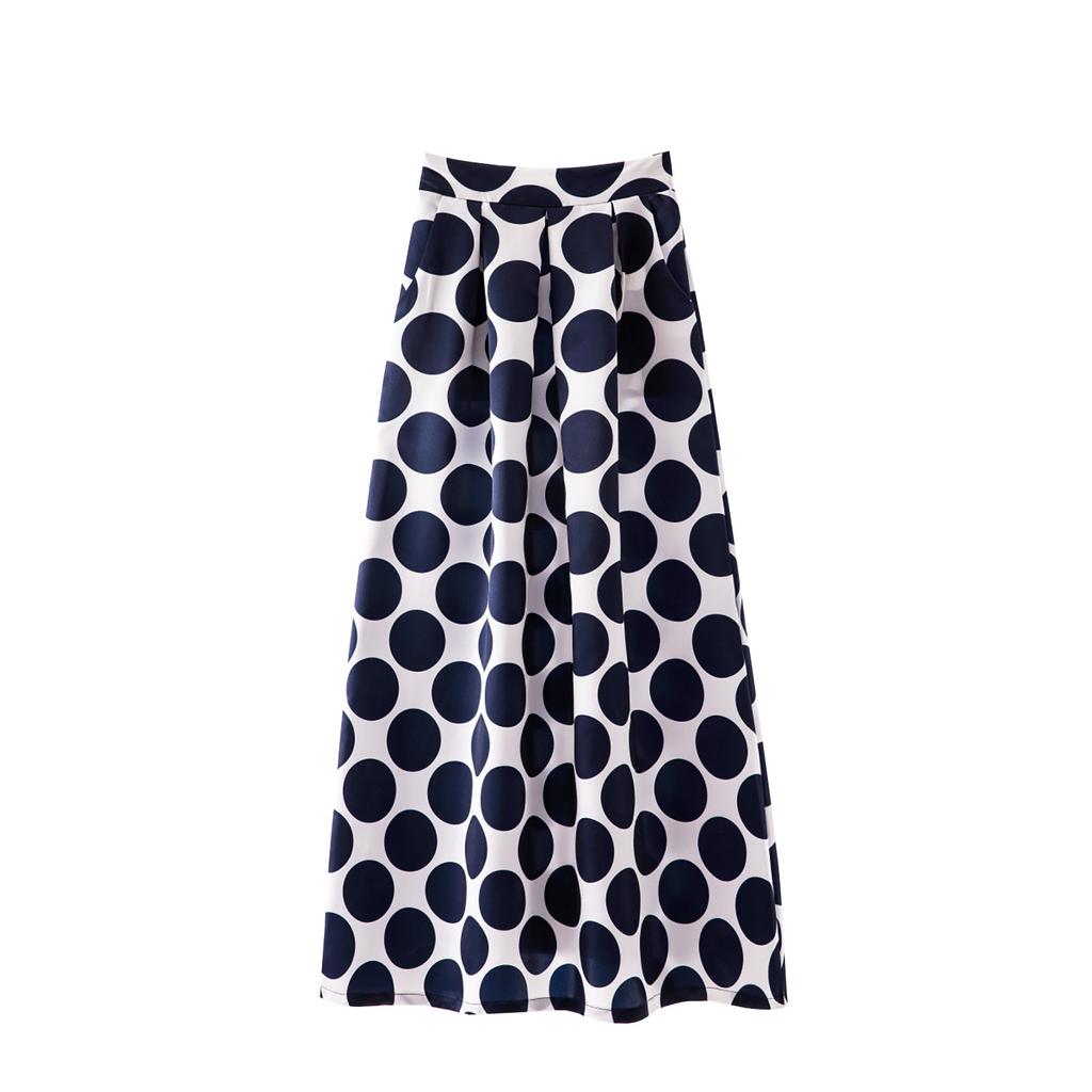 Women's Summer Fashion Casual Big Wave Dot Printing Elastic Waist Big Swing Pocket Long-skirt