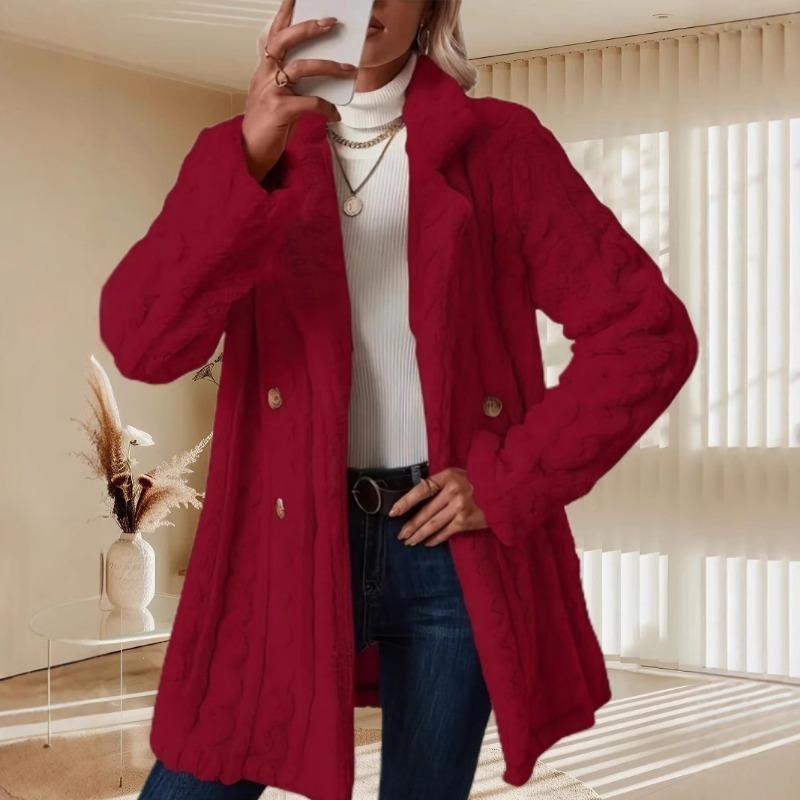 Popular Women's Plush Coat Comfortable Casual Warm Suit Collar Double-breasted Mid-length Coat