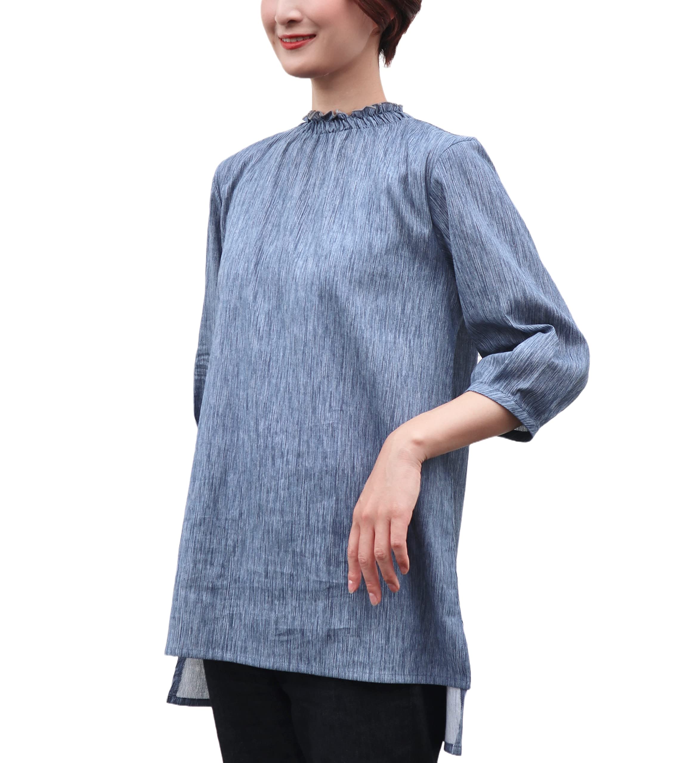 

Little Island Takashima Chijimi Cool and Relaxed Pullover Long Made in Size 3L (100% Cotton), Women s, 3/4 Sleeves, Length, Shirring, Japan, Blue,