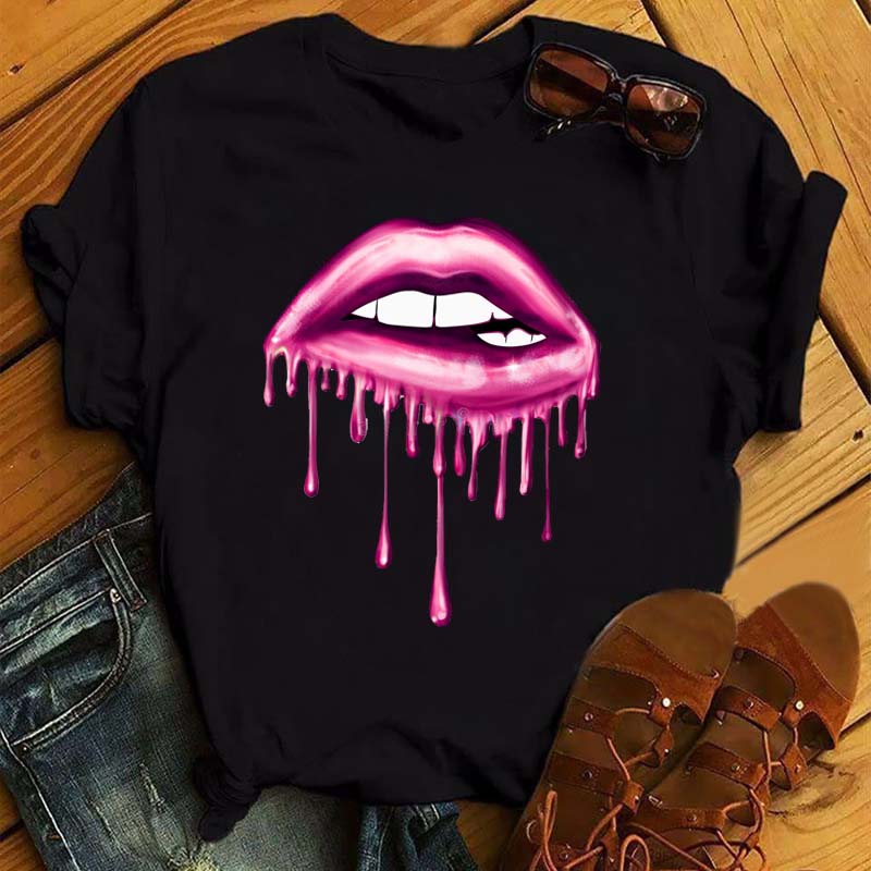 Růžové tričko s potiskem leopardích rtů Módní Dámské tričko Dámské Bílé a černé tričko Tričko s krátkým rukávem Dámské topy Harajuku