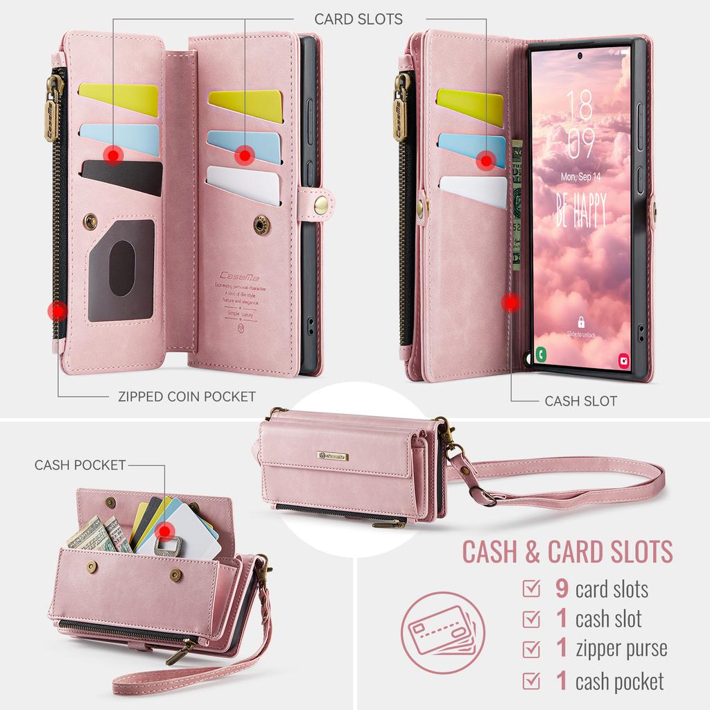 For Samsung Galaxy S23 Ultra Case CASEME C39 RFID Blocking Zipper Wallet Stand Leather Cover with Strap