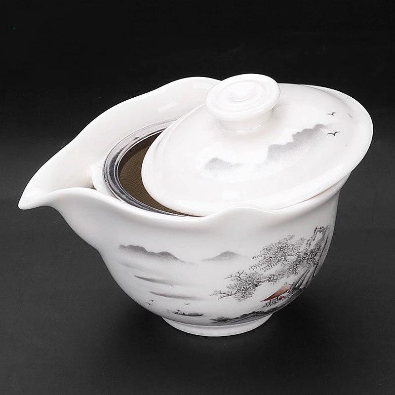 Anti-scalding teapot ceramic cover bowl large tea cup Kung Fu tea set Sancai Pu'er tea bowl hand-held teapot white porcelain