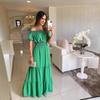 Women's Off The Shoulder Short Sleeve Solid Maxi Dress High Waist Loose Fit Casual Tiered Dress