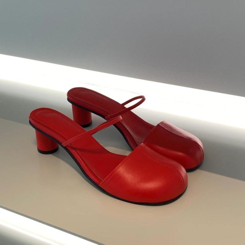 Brand New Summer Chic Red Mules Sandals Women Elegant Round Toe High Heels Black Slip On Slides Shoes