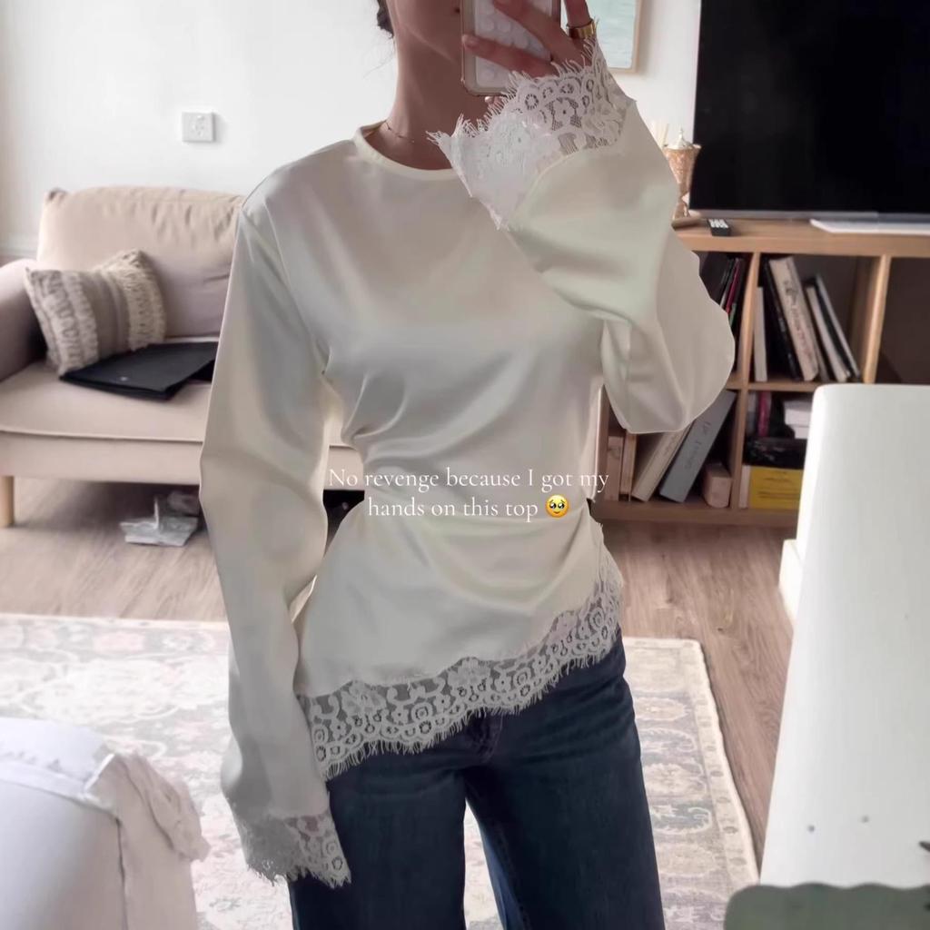2026 Women's Solid Color Lace Long Sleeve Irregular Hem Blouse