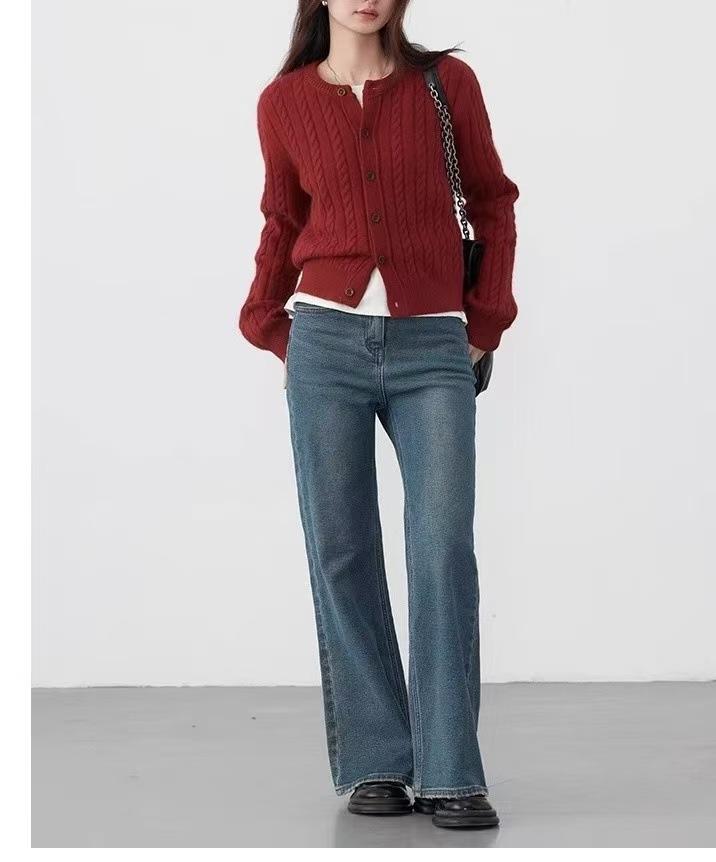 New twist woven single-breasted round neck simple temperament long-sleeved knitted cardigan women's knitted jacket