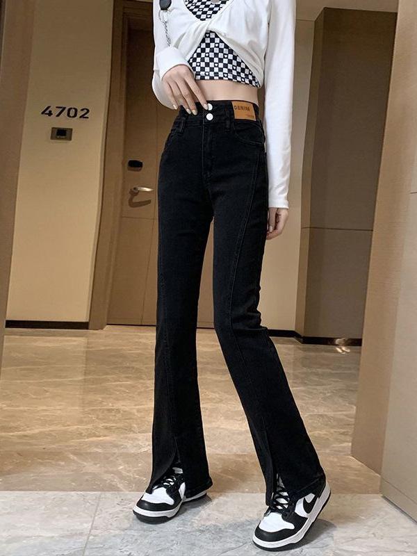 Plus Size High-Waisted Split Denim Flare Jeans for Women - Retro, Slimming, Floor-Length, Spring and Autumn Collection