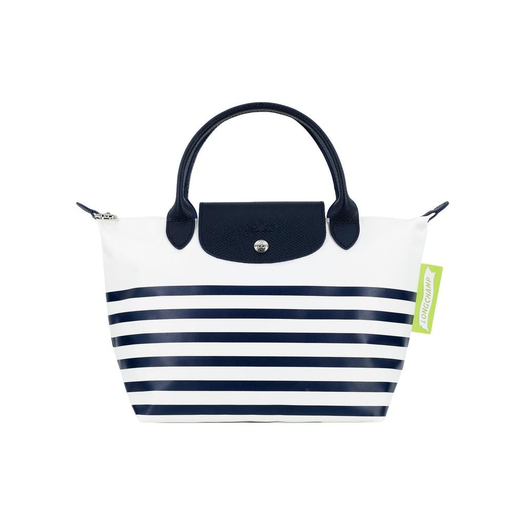 Longchamp Le Pliage 23 Striped Snap Zipper Closure Short Handle Canvas And Leather Dumpling Tote Bag Small Women Tote Bags Navy-Blue White 1621HDF165