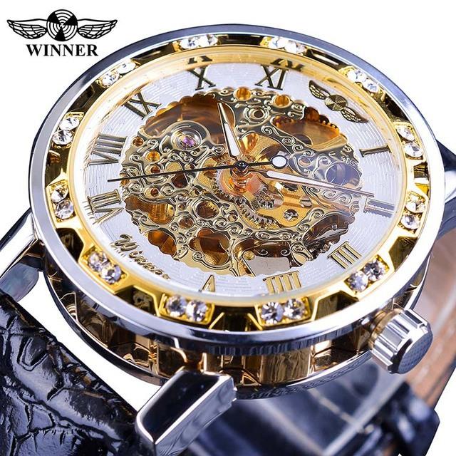 Winner Fashion Diamond Dial Men's Mechanical Watch Skeleton Watch Black Gold Retro Luminous Pointer PU Belt Mesh Belt Steel Belt