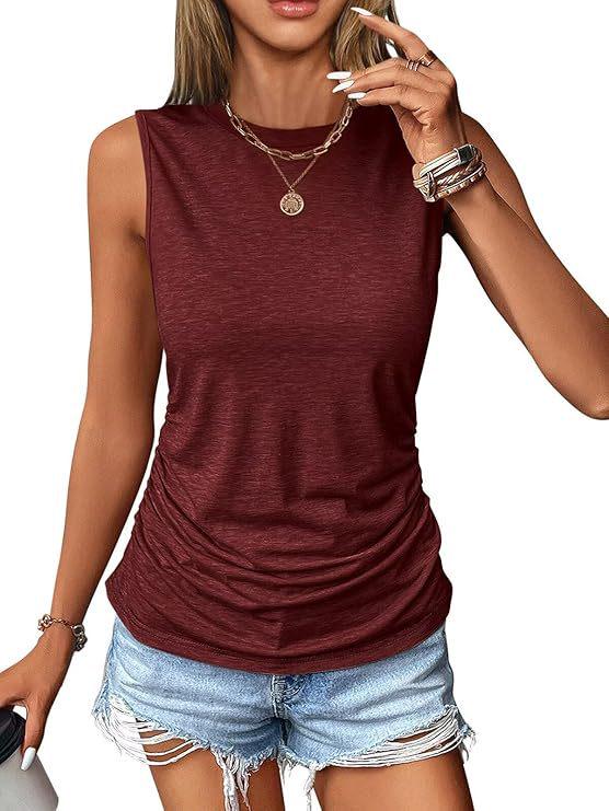 2026 Women's Sleeveless Pleated Round Neck Solid Color Casual Summer Pullover Vest