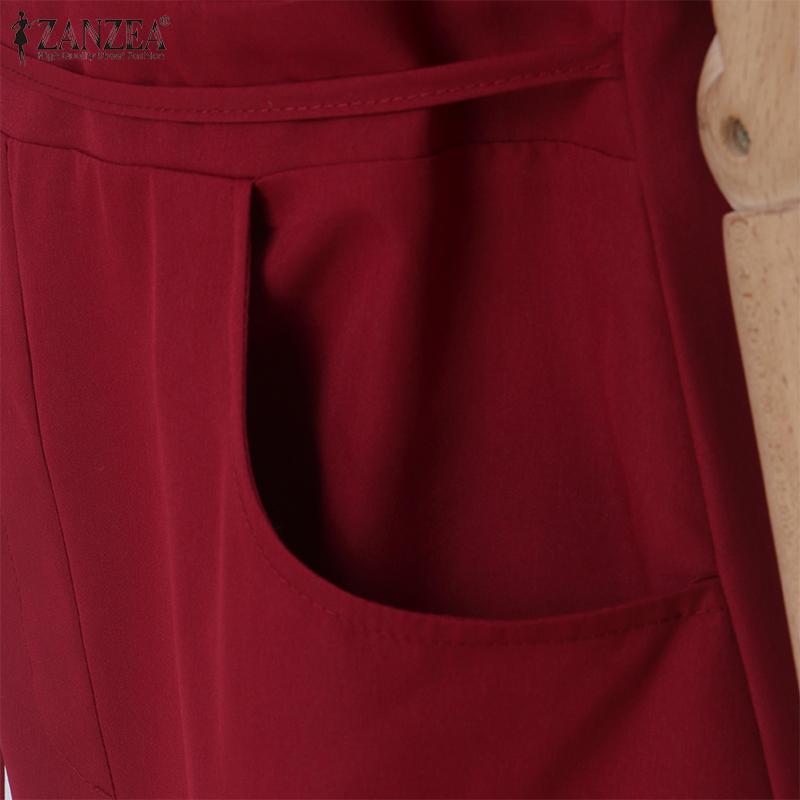 ZANZEA Women Casual Turn Down Collar Summer Short Sleeve Plain Dress