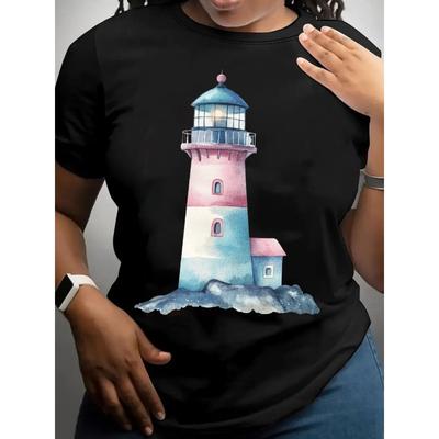 Women's T-Shirt Casual Round Neck Short Sleeve Tee for Spring/Summer, Everyday Tshirt| Playful Print Tee| Fabric, Lighthouse Decor