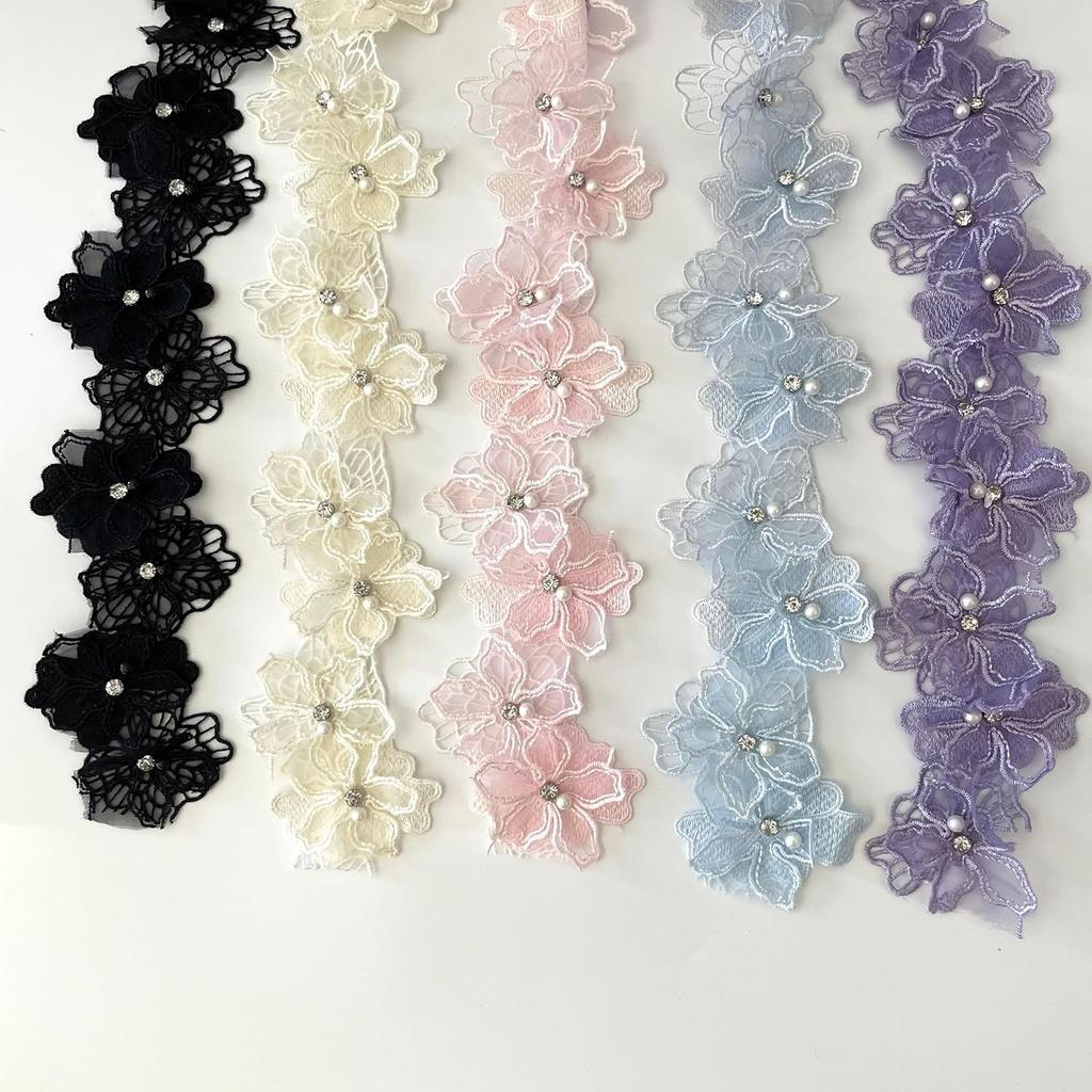 1 Yard Multi-Color Pearl Flower Embroidery Lace Fabric Trim DlY Clothing Decoration Accessory 6.5CM Wide