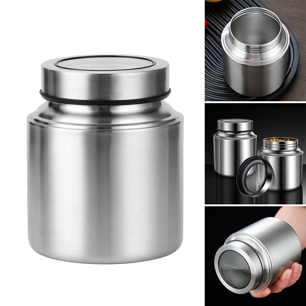 Stainless Steel Tea Tin 800/950/1500ml Large Capacity Tea Jar with Visual Cover Moisture-proof Coarse Grains Storage Box