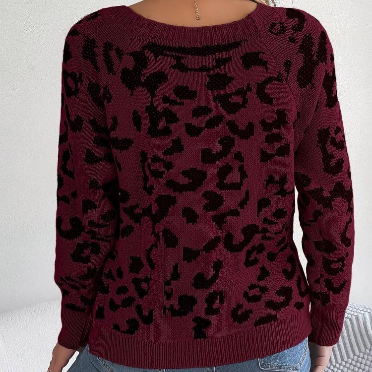 Vintage Leopard Color Cardigan Knitwear Long Sleeve Loose Sweater O Neck Top for Autumn Winter