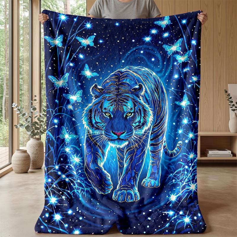 Blue Tiger Fantasy Blanket Personalized Name Flannel Blanket Soft Cozy Plush Throw for Sofa Bed Lightweight Home Decor